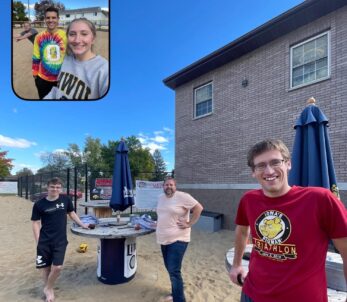 A BeReal taken by Ally while playing sand volleyball. In small image is Ally, Joey and Kody and in the rear camera is Micheal, Mike and Cody!
